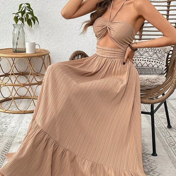 . Dresses & Skirts - Khaki Boho Womens Striped Print Cut Out Ruffle Hem Halter Neck Dress